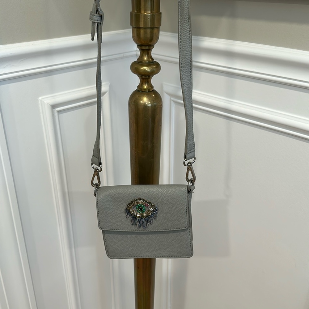 Gray Crossbody Bag with Beaded Eye Accent